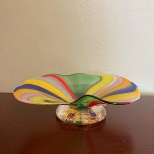 ☘️Signed “FRITZ” Hand Blown Multi Colored Candy Dish